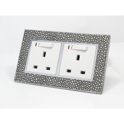 pearl leather double frame with white insert of double switched neon UK socket