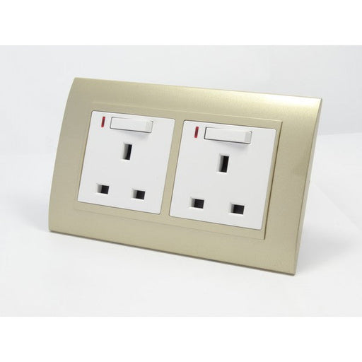 Gold Plastic Double Frame with white insert of double switched neon uk socket