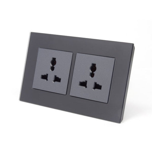 grey 3 pin multi plug double black glass socket