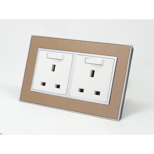Gold Satin Metal Double Frame with white insert of double switched uk socket