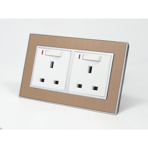 Gold Satin Metal Double Frame with white insert of double neon switched uk socket