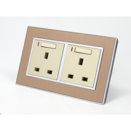 Gold Satin Metal Double Frame with gold insert of double neon switched uk socket