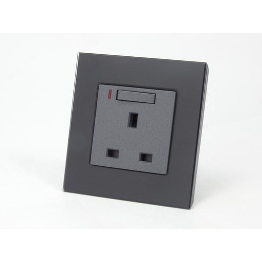 Black glass single frame and grey insert UK socket with switch and neon 