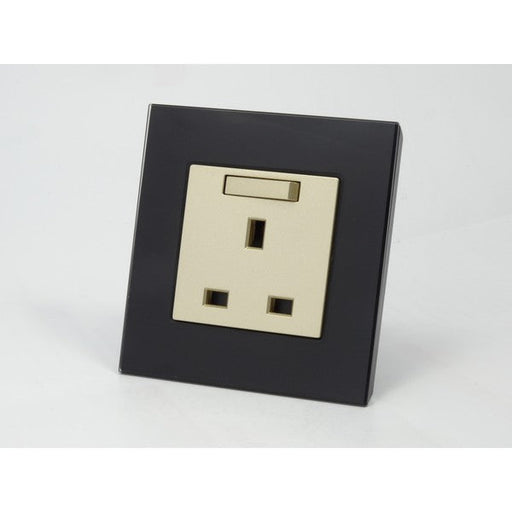 Gold 13A UK Socket with switch and Black glass single frame