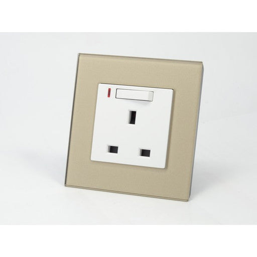 Gold Glass Single Frame with white insert of switched neon uk socket