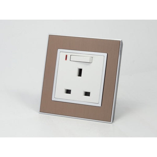 Gold Satin Metal Single Frame with white insert of neon switched uk socket