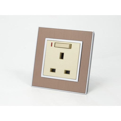 Gold Satin Metal Single Frame with gold insert of neon switched uk socket