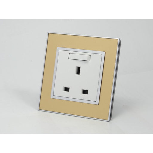Gold Mirror Glass Single Frame with white insert of switched uk socket