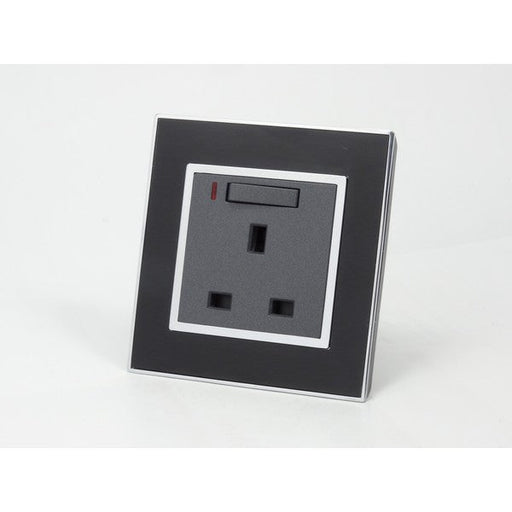 Black Mirror Glass Single Switched with Neon UK Dark Grey 13A Socket 