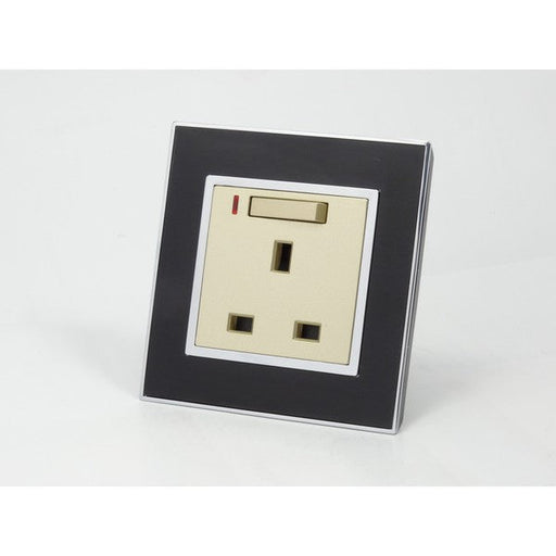 Black Mirror Glass Single Switched with Neon UK Gold 13A Socket 