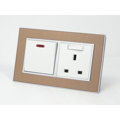 Satin Gold metal double frame with white inserts switch with neon and switched uk socket