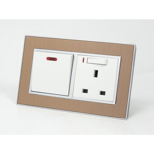 Satin Gold metal double frame with white inserts switch with neon and switched neon uk socket