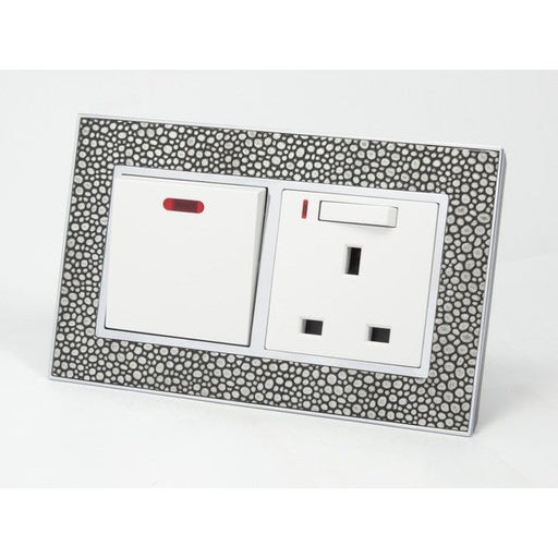 pearl leather double frame with white insert of switch and neon switched UK socket