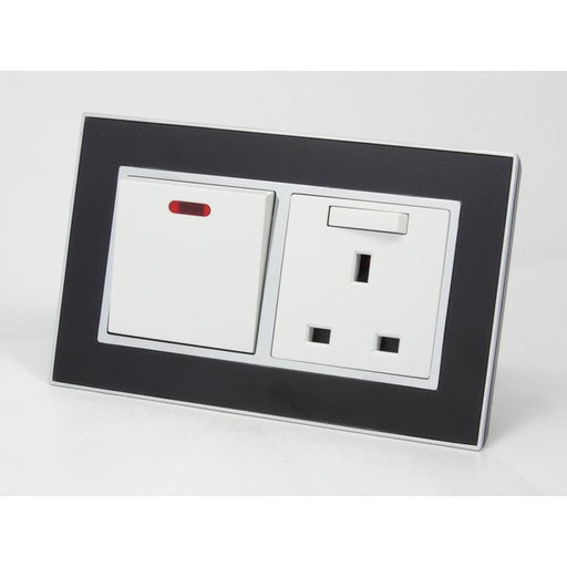 black glass mirror double frame with white 20A switch with neon and UK socket with switch