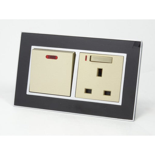 black glass mirror double frame with gold 20A switch with neon and UK socket with switch and neon