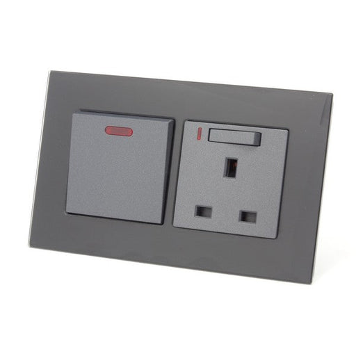black glass double frame with grey modules of 20A switch and UK socket with neon switch