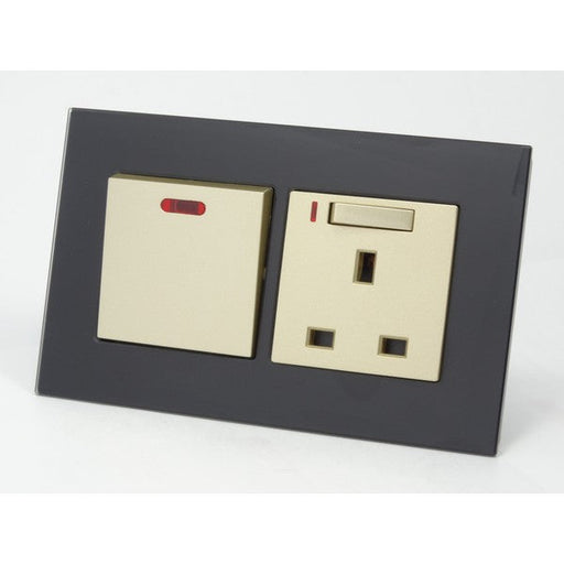  glass double frame with gold modules of 20A switch and UK socket with neon switch