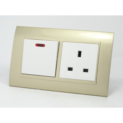 Gold Plastic Double Frame with white insert of switch and uk socket