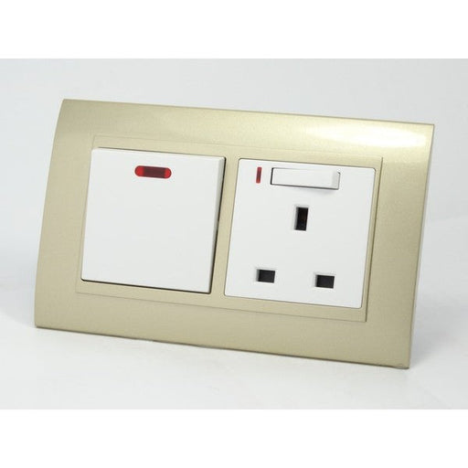 Gold Plastic Double Frame with white insert of switch and switched neon uk socket