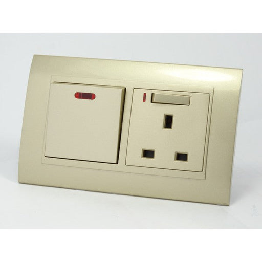 Gold Plastic Double Frame with gold insert of switch and switched neon uk socket