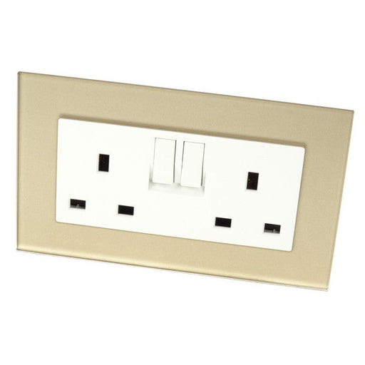 Gold Glass Double Frame with white inserts of switched wall plug UK socket