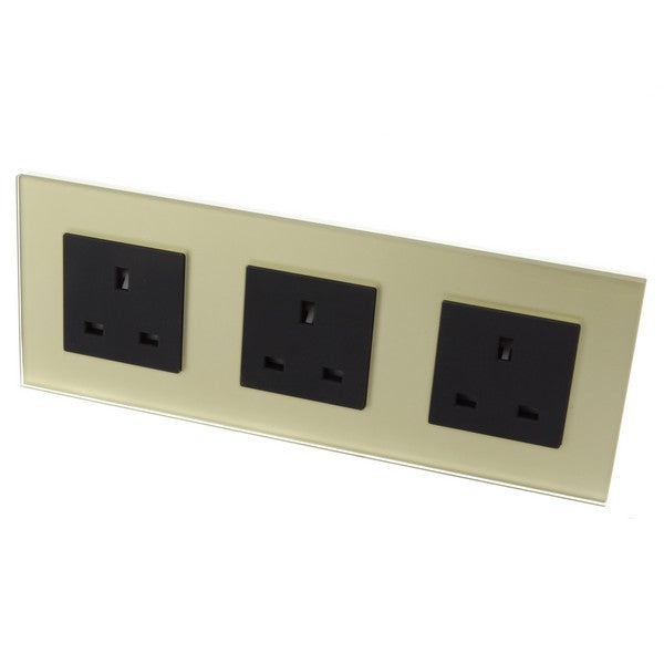 I LumoS Luxury Unswitched Gold Glass Frame UK 13A Wall Plug Triple Socket