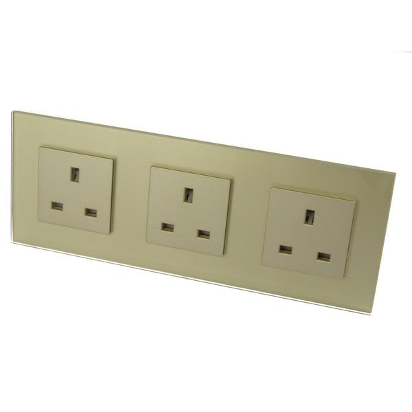 I LumoS Luxury Unswitched Gold Glass Frame UK 13A Wall Plug Triple Socket