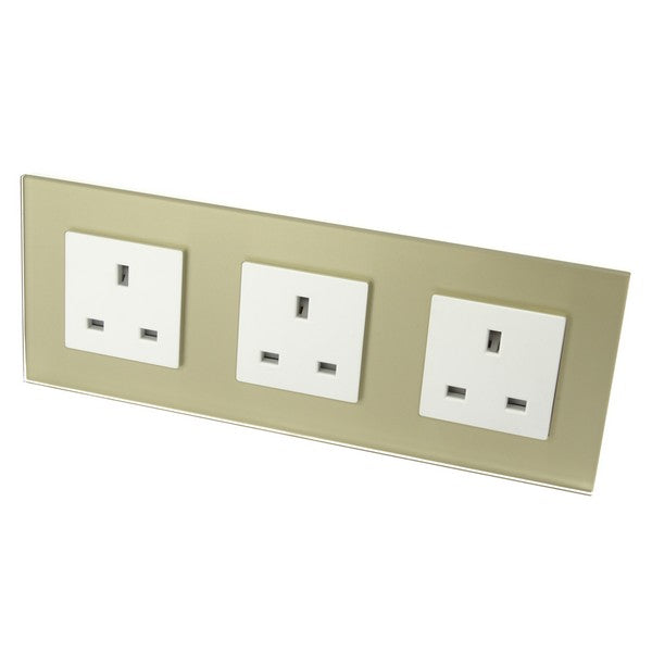 I LumoS Luxury Unswitched Gold Glass Frame UK 13A Wall Plug Triple Socket