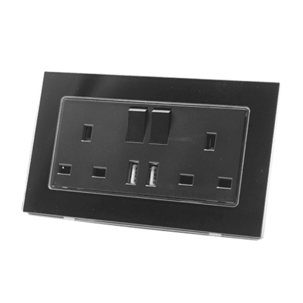 I LumoS Luxury Black Glass Frame 13A Switched UK Plug Double Socket with 3.1A Double USB Charger