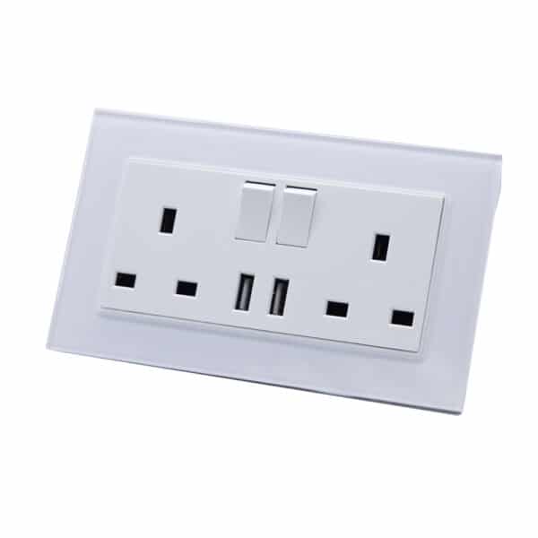I LumoS Luxury White Glass Frame 13A Switched UK Plug Double Socket with 3.1A Double USB Charger