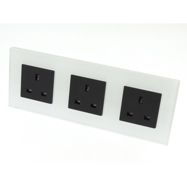 I LumoS Luxury Unswitched White Glass Frame UK 13A Wall Plug Triple Socket