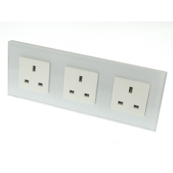 I LumoS Luxury Unswitched White Glass Frame UK 13A Wall Plug Triple Socket