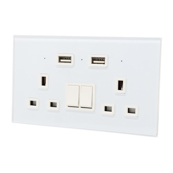 I LumoS Luxury White Glass Panel 13A Switched UK Plug Double Socket with 3.1A Double USB Charger