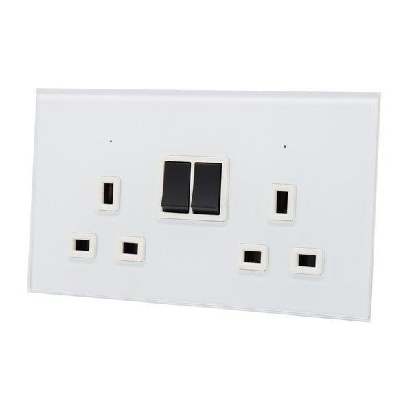 I LumoS Luxury White Glass Panel 13A Switched UK Plug Double Socket