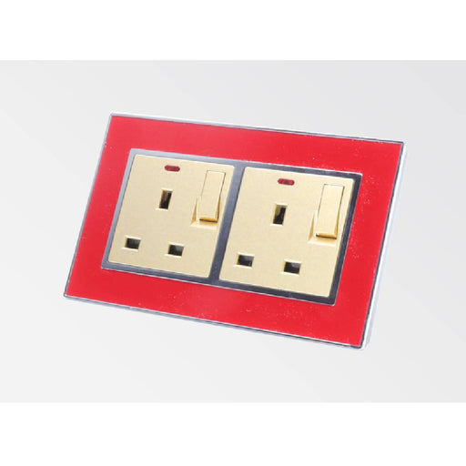 red satin metal double frame with gold insert of double switched neon uk socket