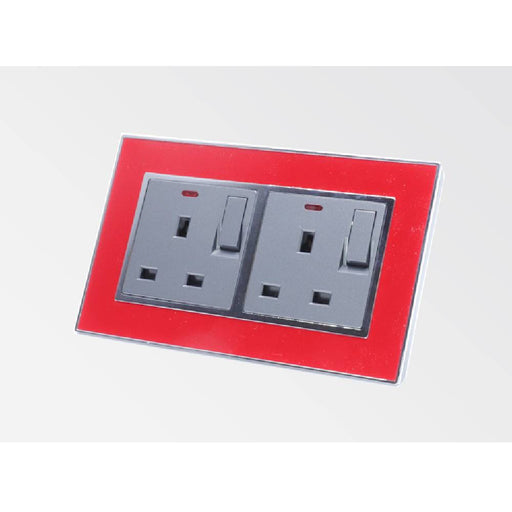 red satin metal double frame with grey insert of double switched neon uk socket