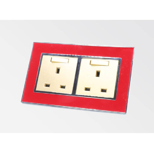 red satin metal double frame with gold insert of double switched uk socket