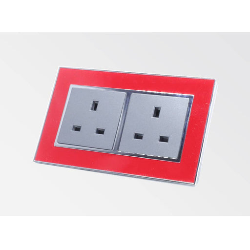 red satin metal double frame with grey insert of double uk socket