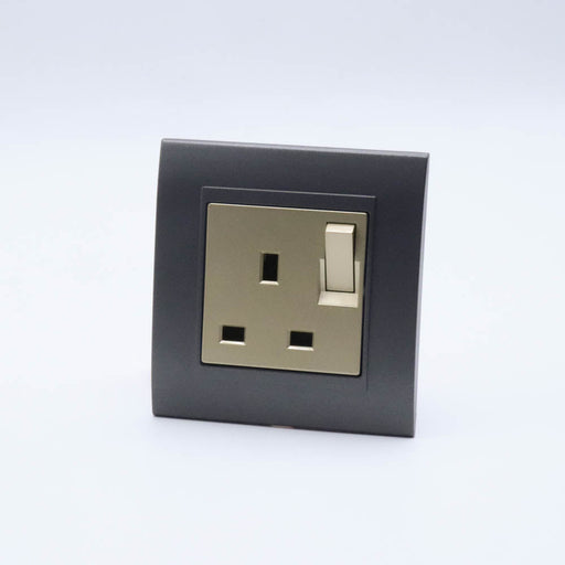 Dark Grey Plastic Arc Single Frame with Gold Interests of Switched UK Socket