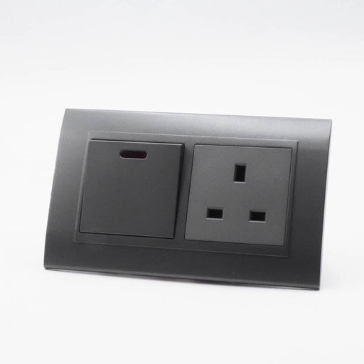 Dark Grey plastic with arc double frame with dark grey inserts of 20a switch and uk socket
