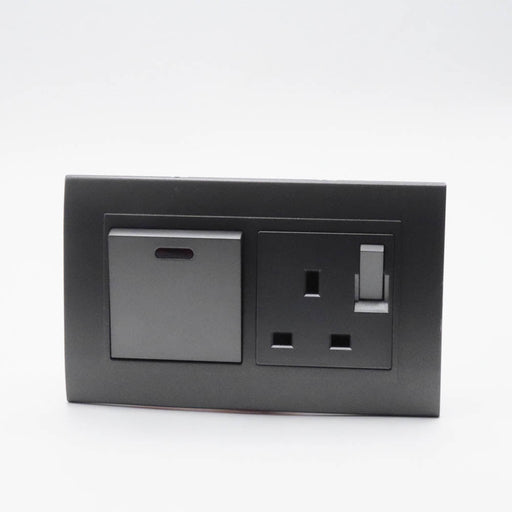 Dark Grey plastic with arc double frame with dark grey inserts of 20a switch and switched uk socket
