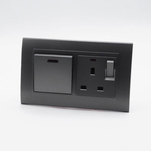 Dark Grey plastic with arc double frame with dark grey inserts of 20a switch and switched neon uk socket