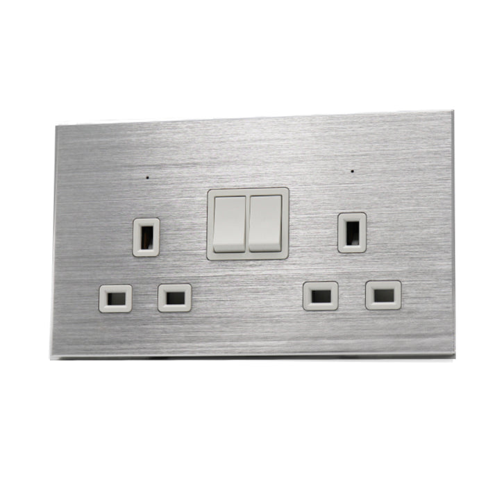 I LumoS Luxury Silver Brushed Aluminium 13A Switched UK Plug Double Socket