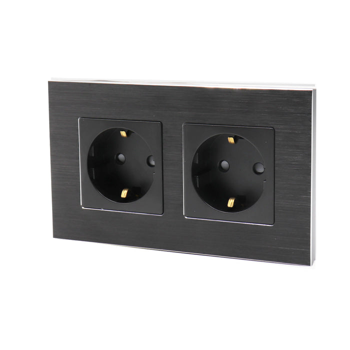 I LumoS Luxury Black Brushed Aluminium Frame 16A Schuko Double Socket UK & EU Standard