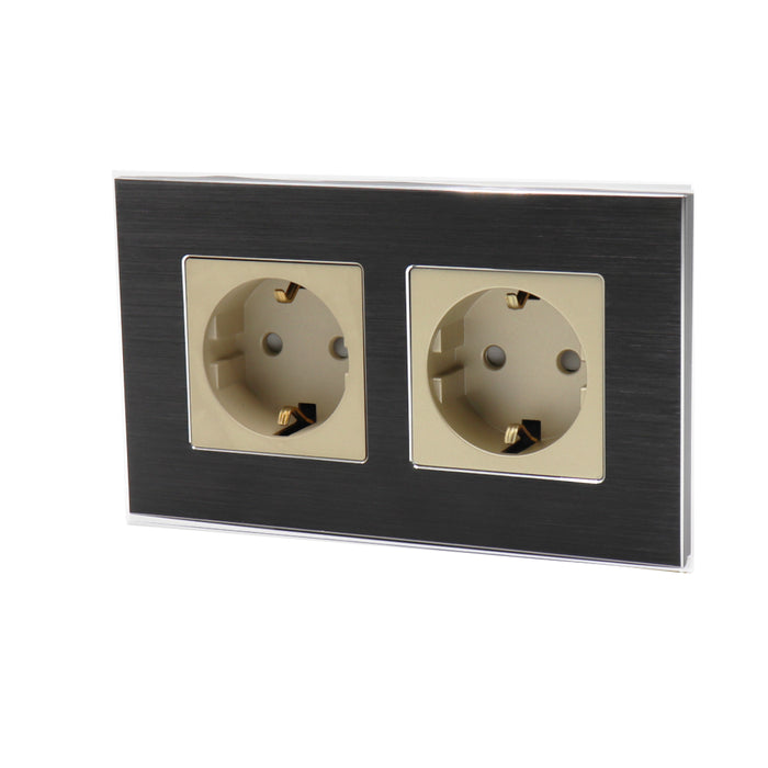 I LumoS Luxury Black Brushed Aluminium Frame 16A Schuko Double Socket UK & EU Standard