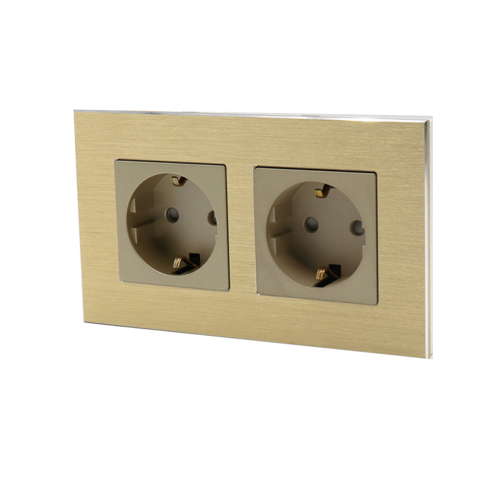 I LumoS Luxury Gold Brushed Aluminium Frame 16A Schuko Double Socket UK & EU Standard