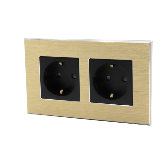 I LumoS Luxury Gold Brushed Aluminium Frame 16A Schuko Double Socket UK & EU Standard