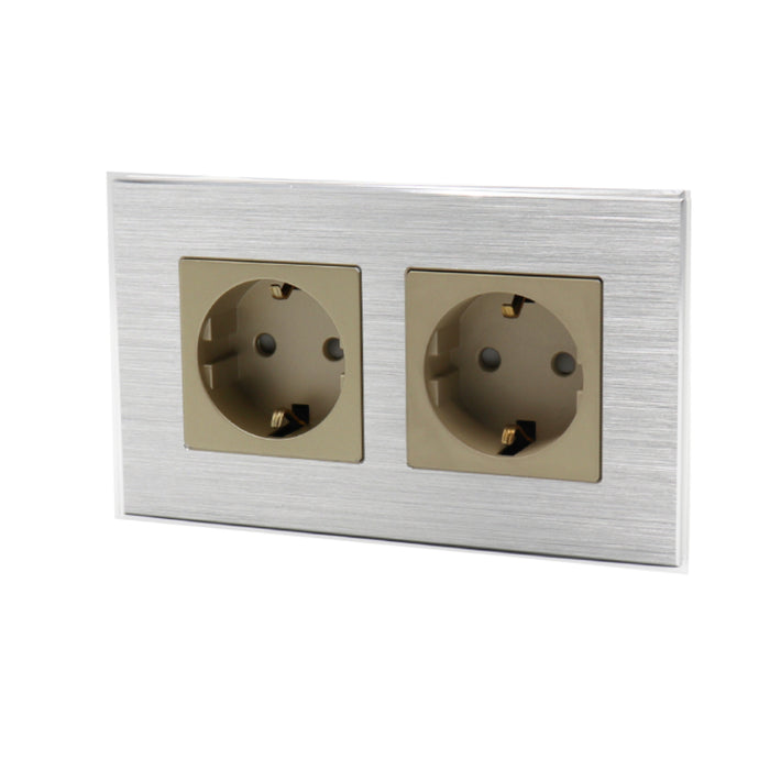 I LumoS Luxury Silver Brushed Aluminium Frame 16A Schuko Double Socket UK & EU Standard