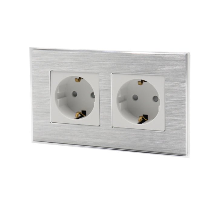 I LumoS Luxury Silver Brushed Aluminium Frame 16A Schuko Double Socket UK & EU Standard