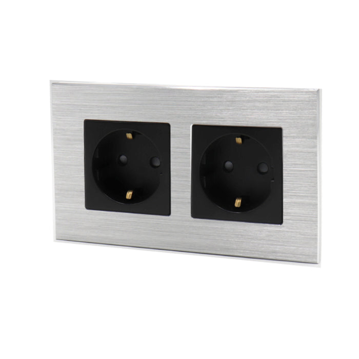 I LumoS Luxury Silver Brushed Aluminium Frame 16A Schuko Double Socket UK & EU Standard